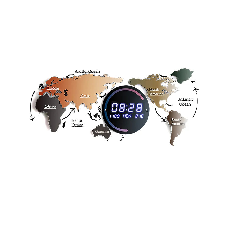 Modern Large Multifunctional World Map Wall Clock Decor With LED Digital Display Screen - 