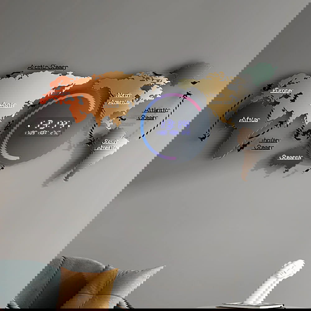 Modern Large Multifunctional World Map Wall Clock Decor With LED Digital Display Screen - Homary