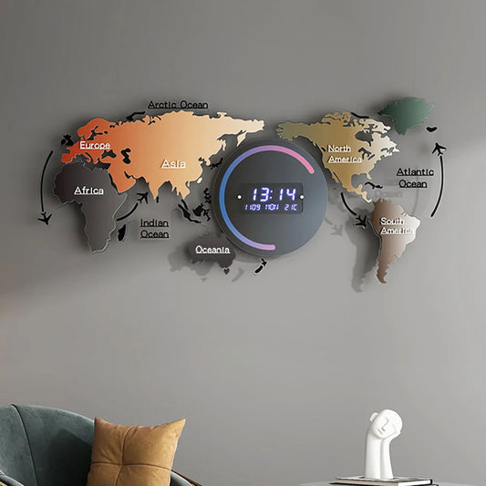 Modern Large Multifunctional World Map Wall Clock Decor With LED Digital Display Screen - Homary