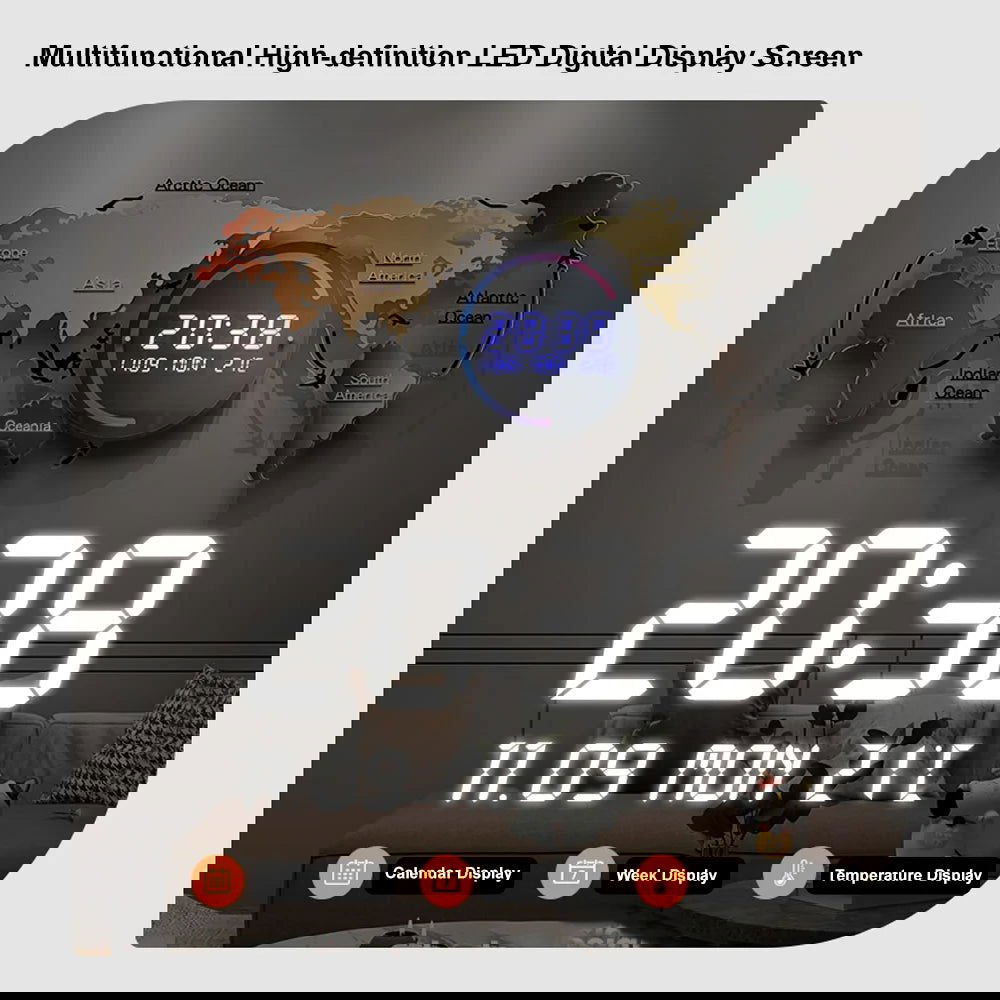 Modern Large Multifunctional World Map Wall Clock Decor With LED Digital Display Screen - Homary