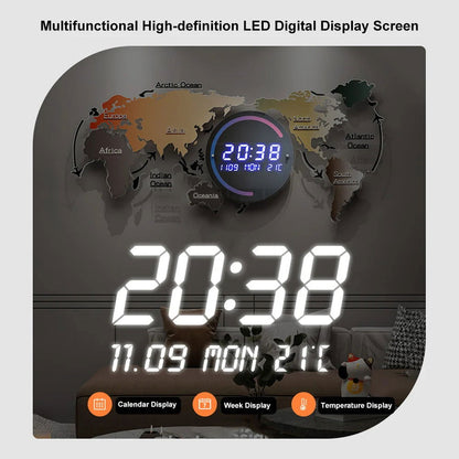 Modern Large Multifunctional World Map Wall Clock Decor With LED Digital Display Screen - Homary