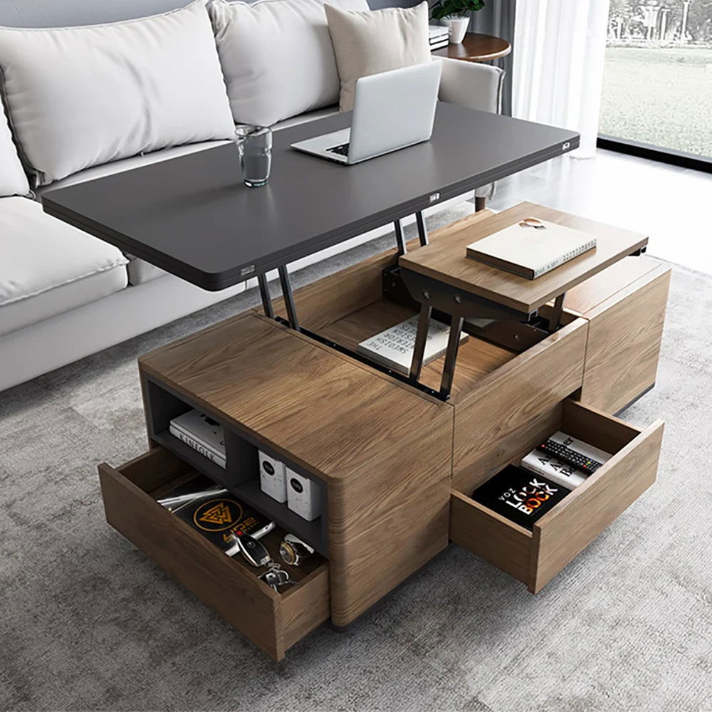 Modern Lift Top Coffee Table Multi Functional Table with 3 Drawers in Walnut & Black - 