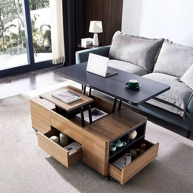 Modern Lift Top Coffee Table Multi Functional Table with 3 Drawers in Walnut & Black - Homary