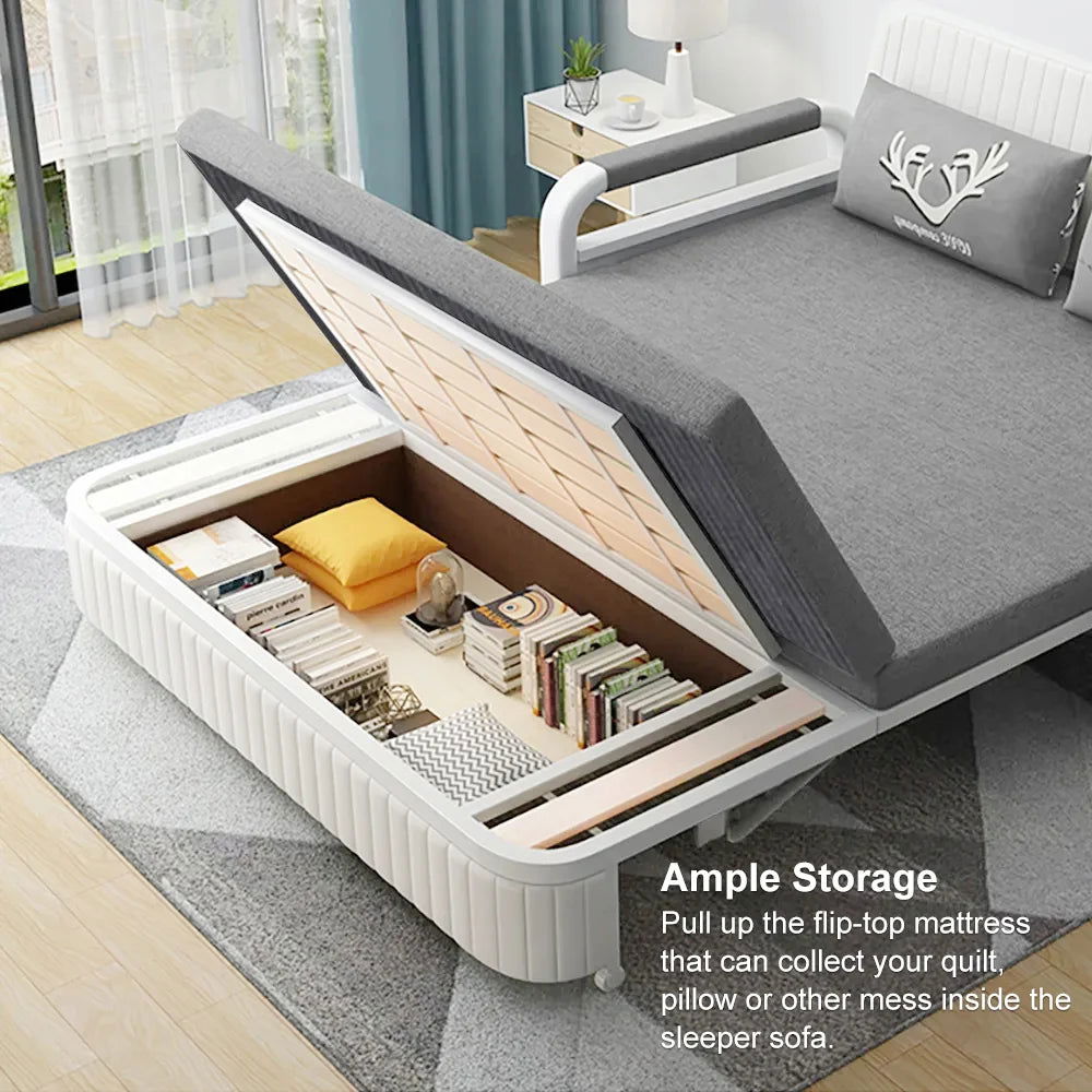 Modern Light Gray Convertible Sleeper Sofa Bed Cotton & Linen Upholstery with Storage - 