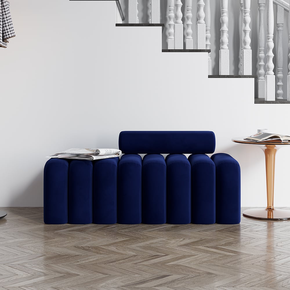 Modern Line Tufted Bench Upholstered Bench with Round Back Blue - 