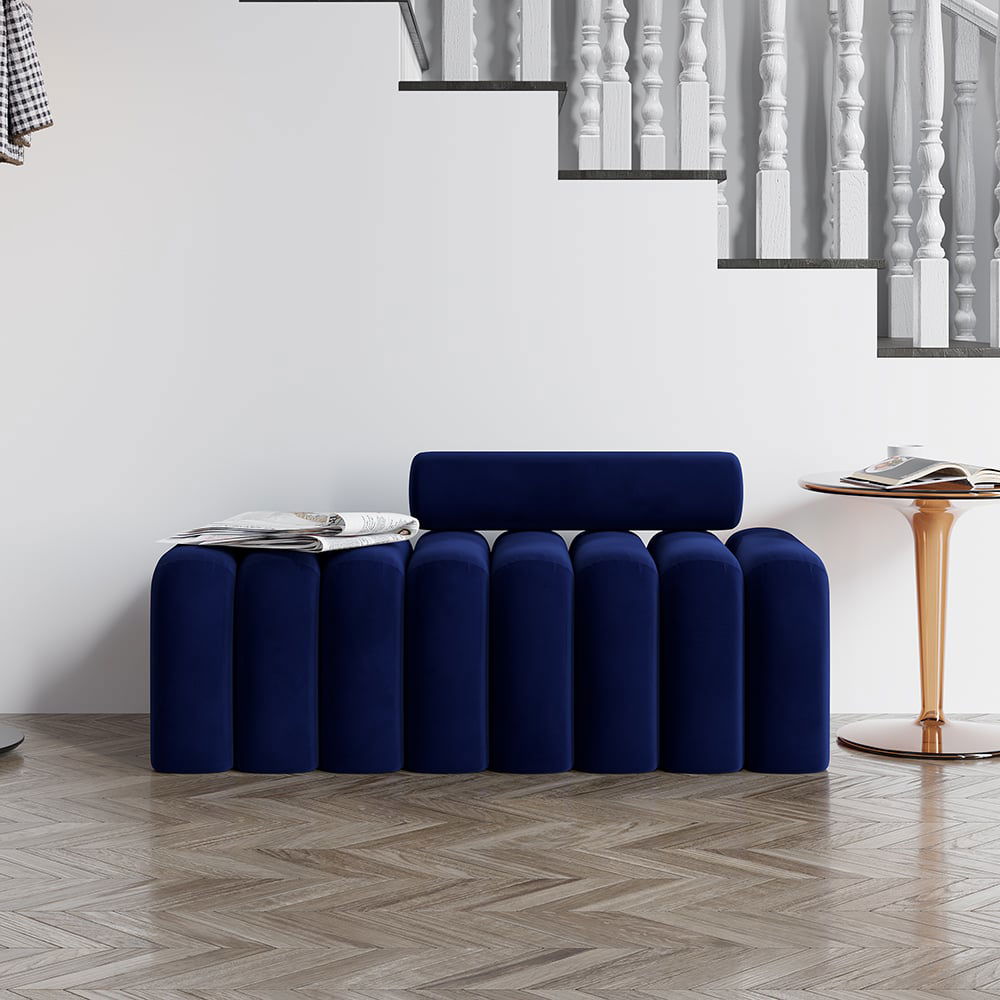 Modern Line Tufted Bench Upholstered Bench with Round Back Blue - 