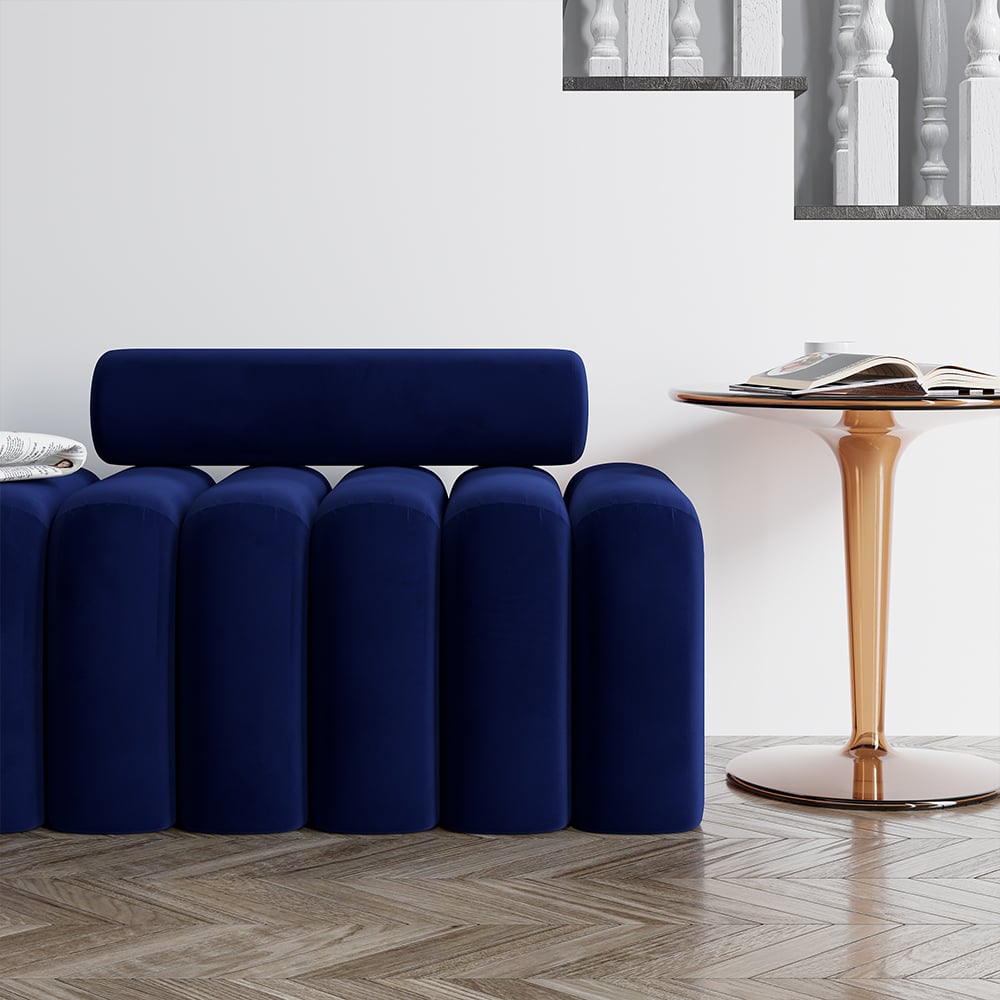 Modern Line Tufted Bench Upholstered Bench with Round Back Blue - 
