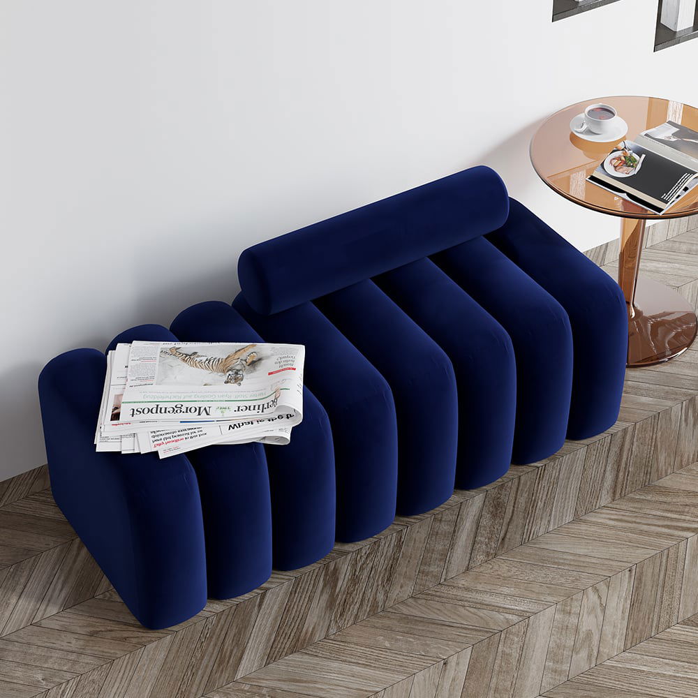 Modern Line Tufted Bench Upholstered Bench with Round Back Blue - 