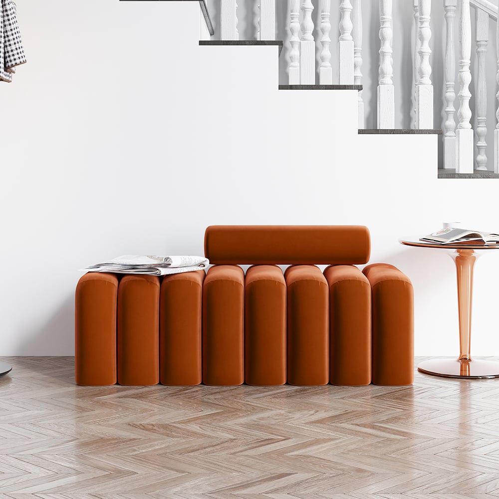 Modern Line Tufted Entryway Bench Upholstered Bench with Round Back Orange - 