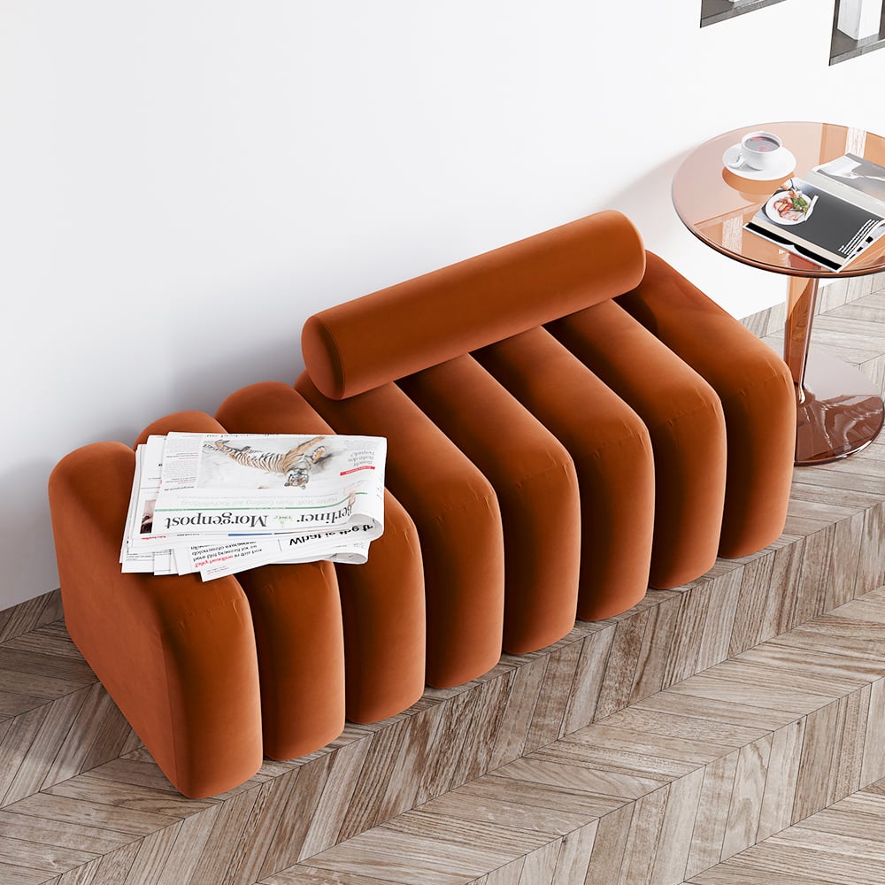 Modern Line Tufted Entryway Bench Upholstered Bench with Round Back Orange - 