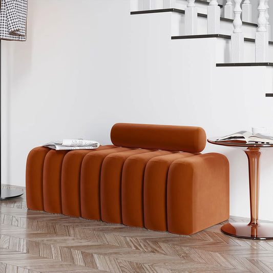 Modern Line Tufted Entryway Bench Upholstered Bench with Round Back Orange - Homary