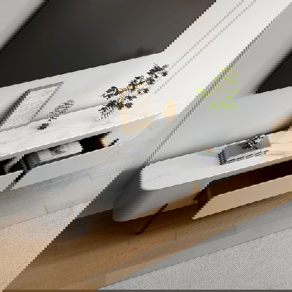 Modern Long Light Gray Faux Marble TV Stand with Storage Media Console for 2000mm TV - 