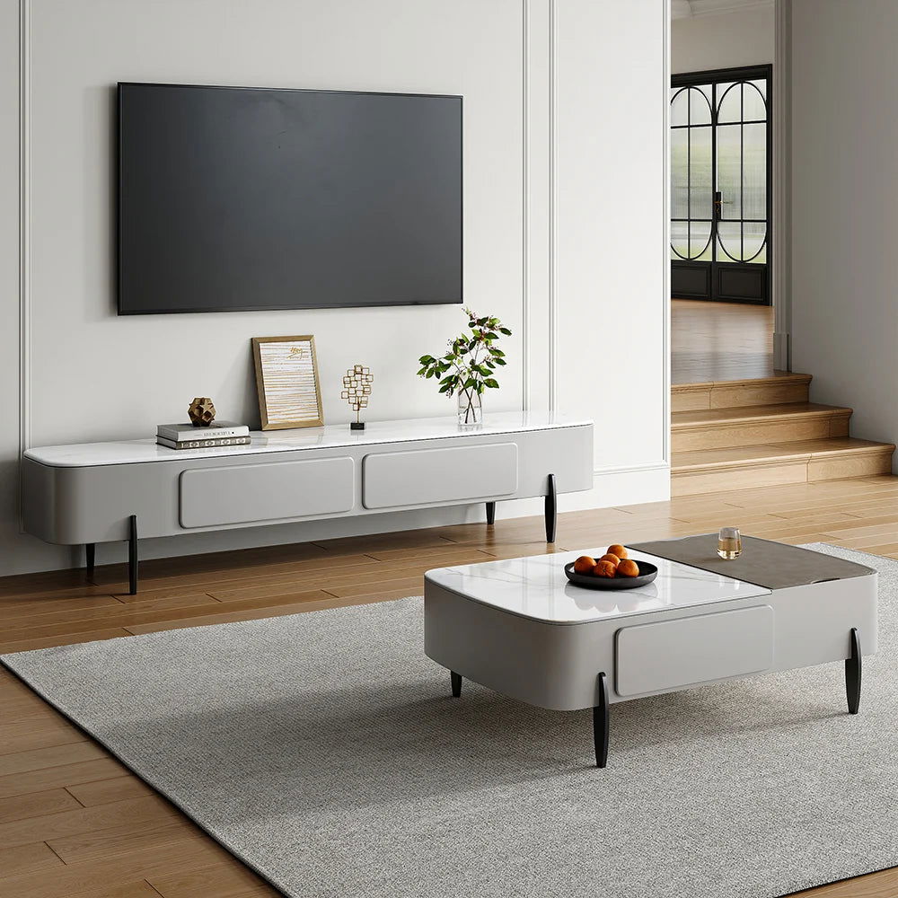 Modern Long Light Gray Faux Marble TV Stand with Storage Media Console for 2000mm TV - Approved By Design
