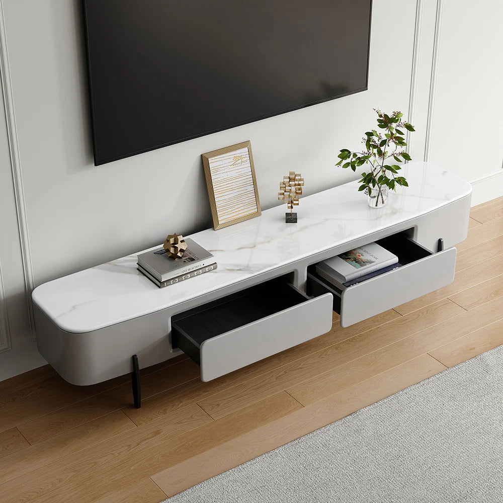 Modern Long Light Gray Faux Marble TV Stand with Storage Media Console for 2000mm TV - Approved By Design