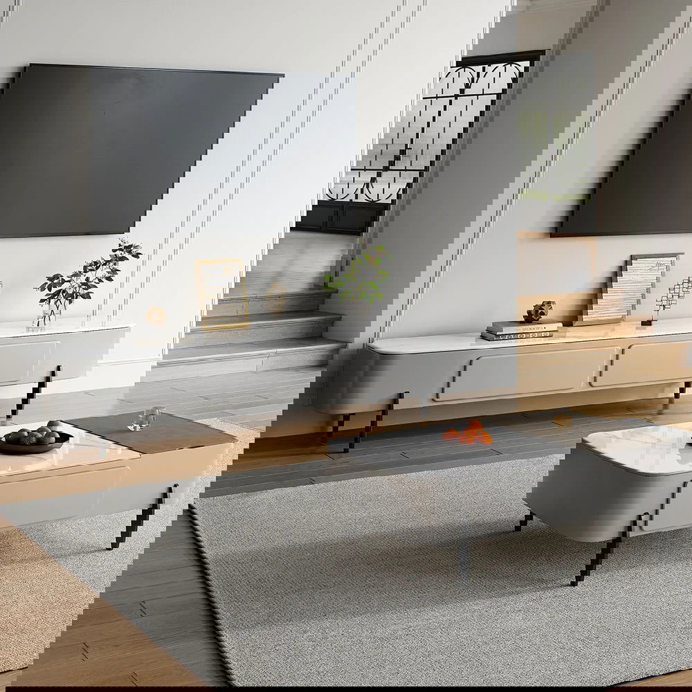 Modern Long Light Gray Faux Marble TV Stand with Storage Media Console for 2000mm TV - Homary