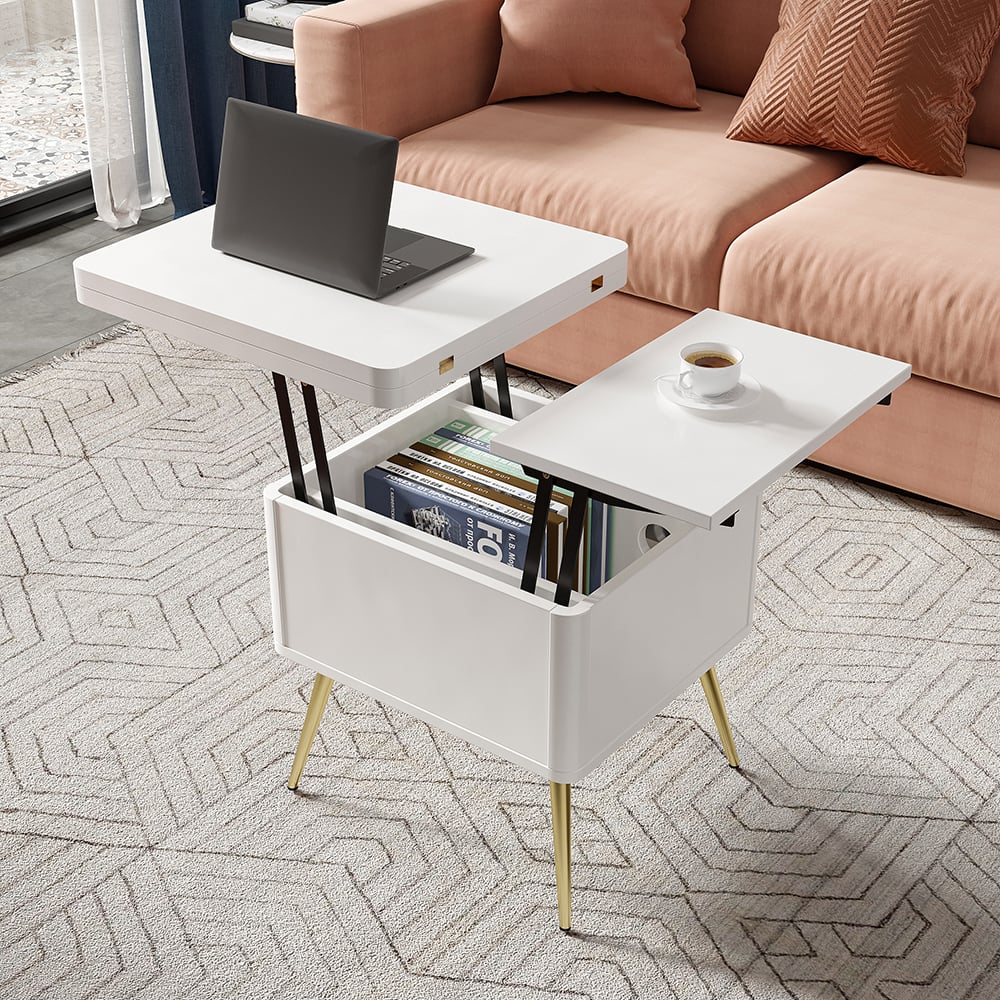 Modern Multi-functional Coffee Table Extendable with Storage & Lift Top in White - 