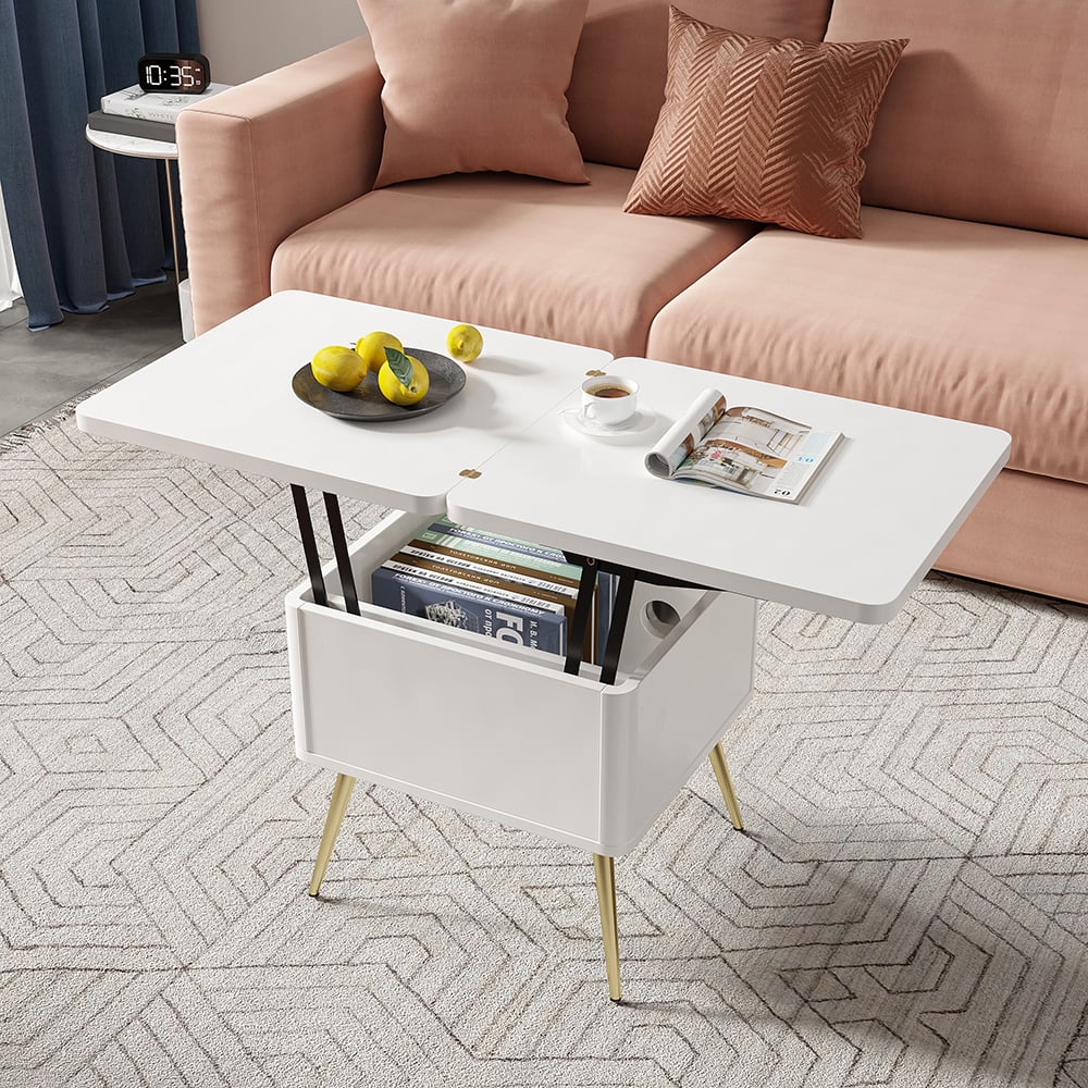 Modern Multi-functional Coffee Table Extendable with Storage & Lift Top in White - Homary