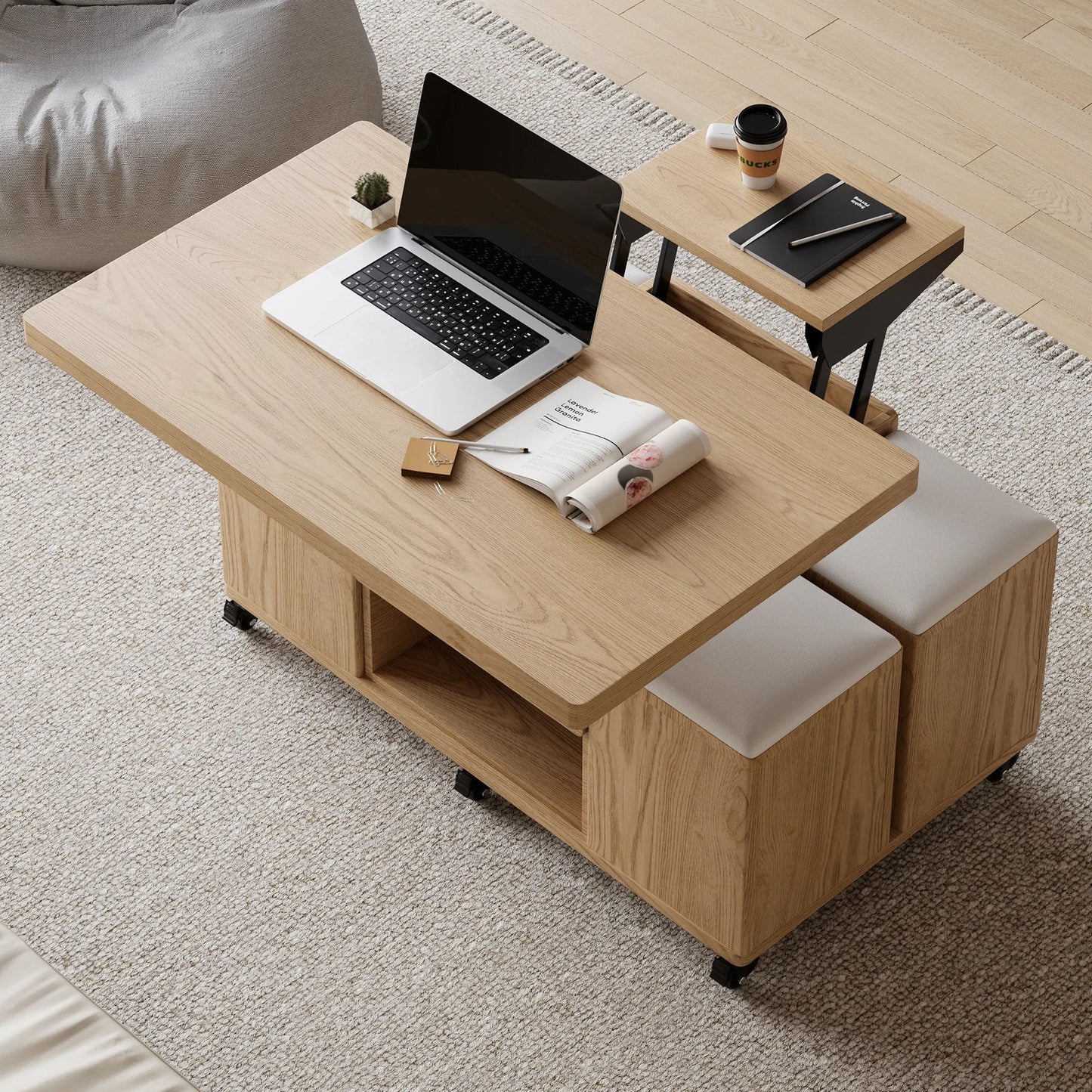Modern Natural Lift Top Coffee Table 4 in 1 with Storage Ottoman Foldable and Casters - 