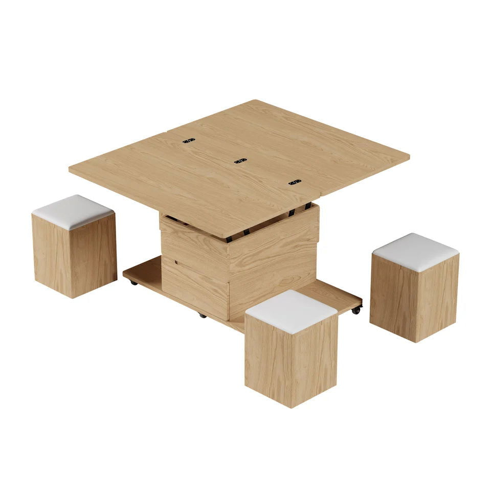 Modern Natural Lift Top Coffee Table 4 in 1 with Storage Ottoman Foldable and Casters - 