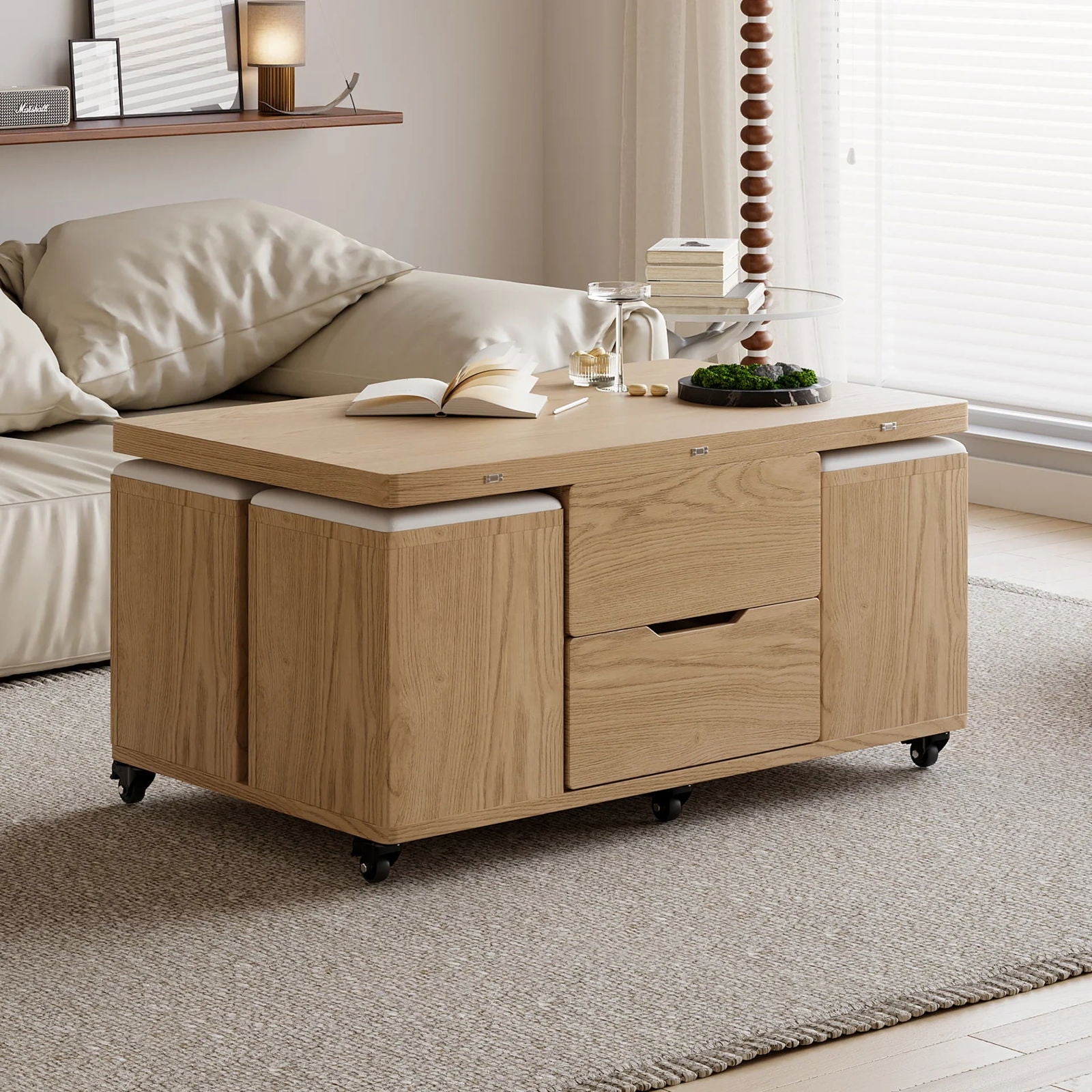 Modern Natural Lift Top Coffee Table in with Storage Ottoman Foldable and Casters