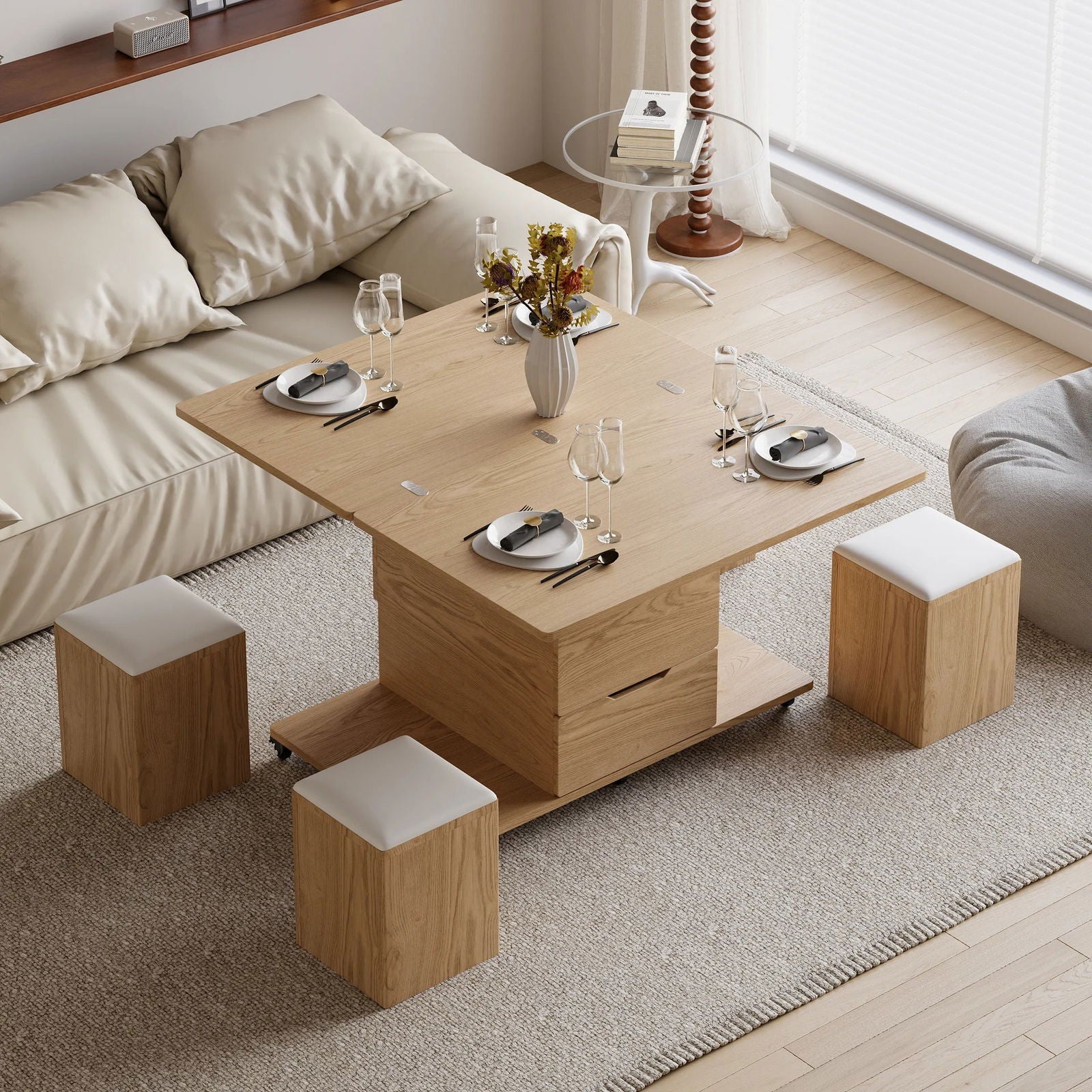 Modern Natural Lift Top Coffee Table 4 in 1 with Storage Ottoman Foldable and Casters - 