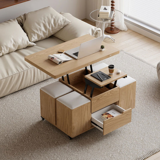 Modern Natural Lift Top Coffee Table 4 in 1 with Storage Ottoman Foldable and Casters - Homary