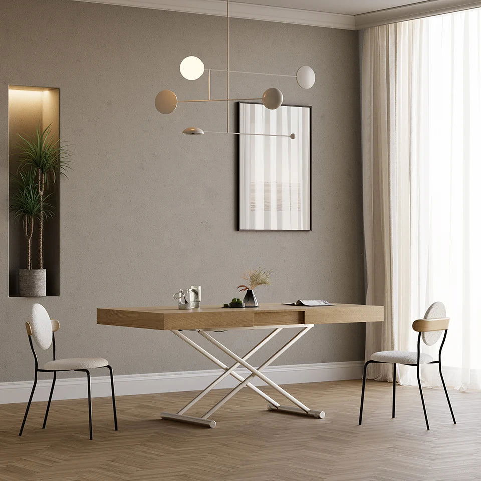 Modern Natural Wood Extendable Coffee Table & Dining Table Rectangle Height Adjustable - 