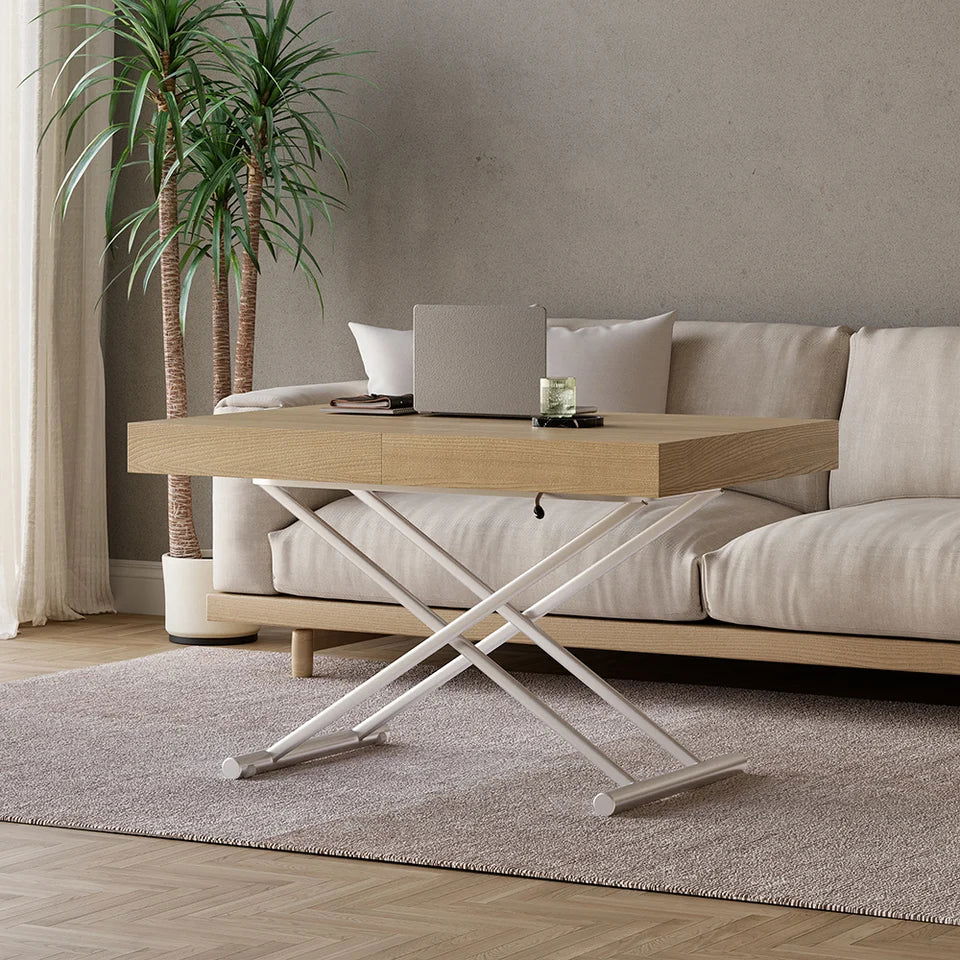 Modern Natural Wood Extendable Coffee Table & Dining Table Rectangle Height Adjustable - 