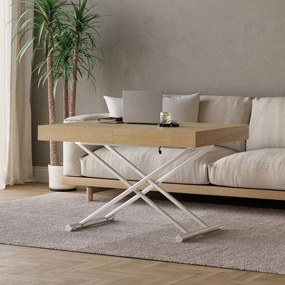 Modern Natural Wood Extendable Coffee Table & Dining Table Rectangle Height Adjustable - 