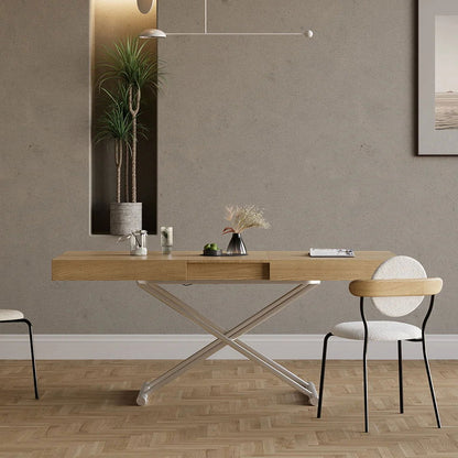 Modern Natural Wood Extendable Coffee Table & Dining Table Rectangle Height Adjustable - 