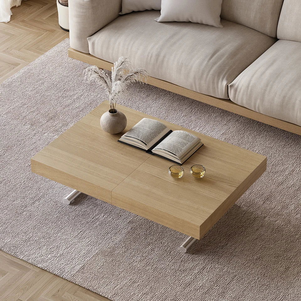 Modern Natural Wood Extendable Coffee Table & Dining Table Rectangle Height Adjustable - 