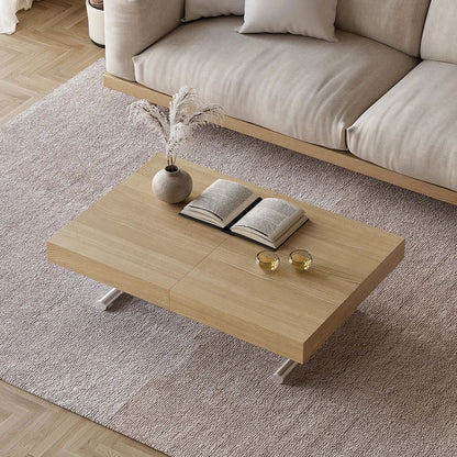 Modern Natural Wood Extendable Coffee Table & Dining Table Rectangle Height Adjustable - 