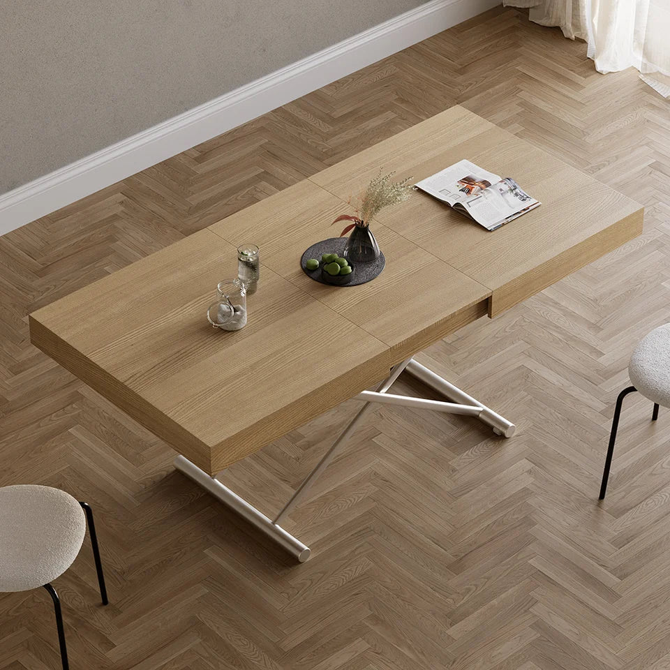 Modern Natural Wood Extendable Coffee Table & Dining Table Rectangle Height Adjustable - 