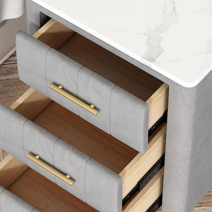 Modern Nightstand Gray Velvet Bedside Table 3 Drawers with Sintered Stone Top - 