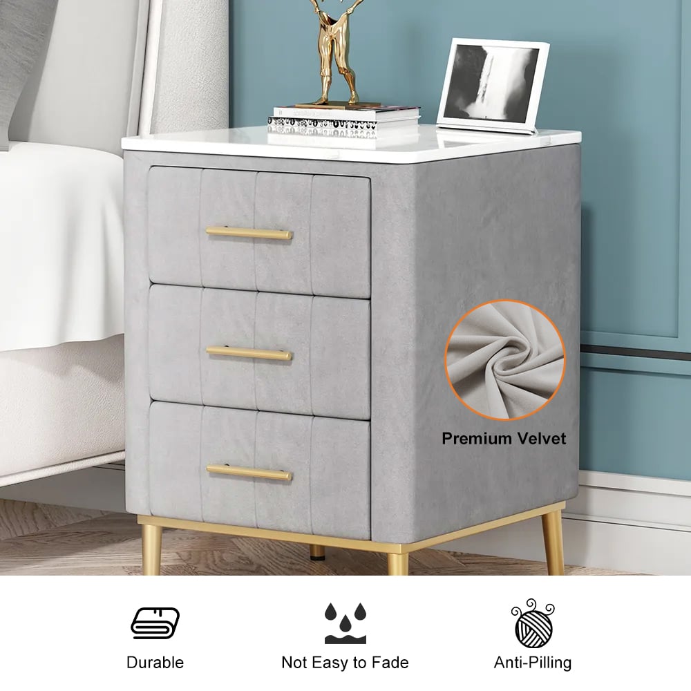 Modern Nightstand Gray Velvet Bedside Table 3 Drawers with Sintered Stone Top - 
