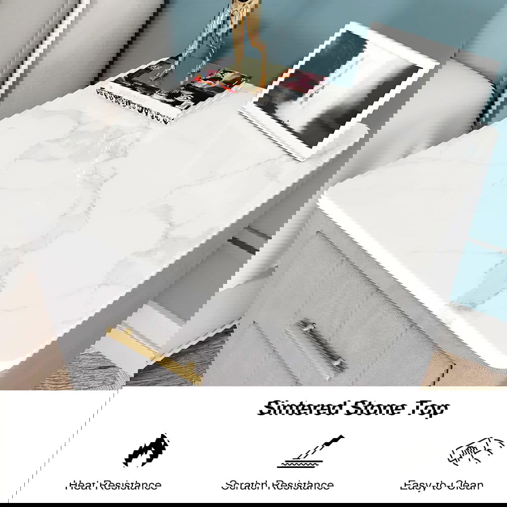 Modern Nightstand Gray Velvet Bedside Table 3 Drawers with Sintered Stone Top - 