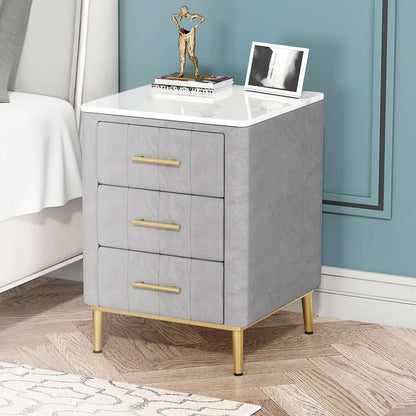 Modern Nightstand Gray Velvet Bedside Table 3 Drawers with Sintered Stone Top - 