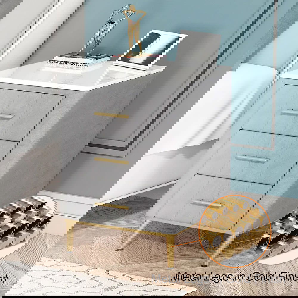 Modern Nightstand Gray Velvet Bedside Table 3 Drawers with Sintered Stone Top - 