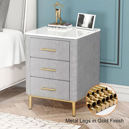 Modern Nightstand Gray Velvet Bedside Table 3 Drawers with Sintered Stone Top - 