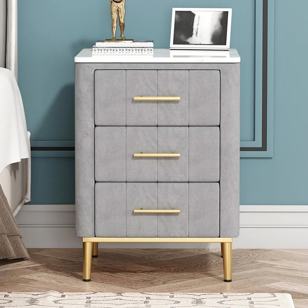 Modern Nightstand Gray Velvet Bedside Table 3 Drawers with Sintered Stone Top - 