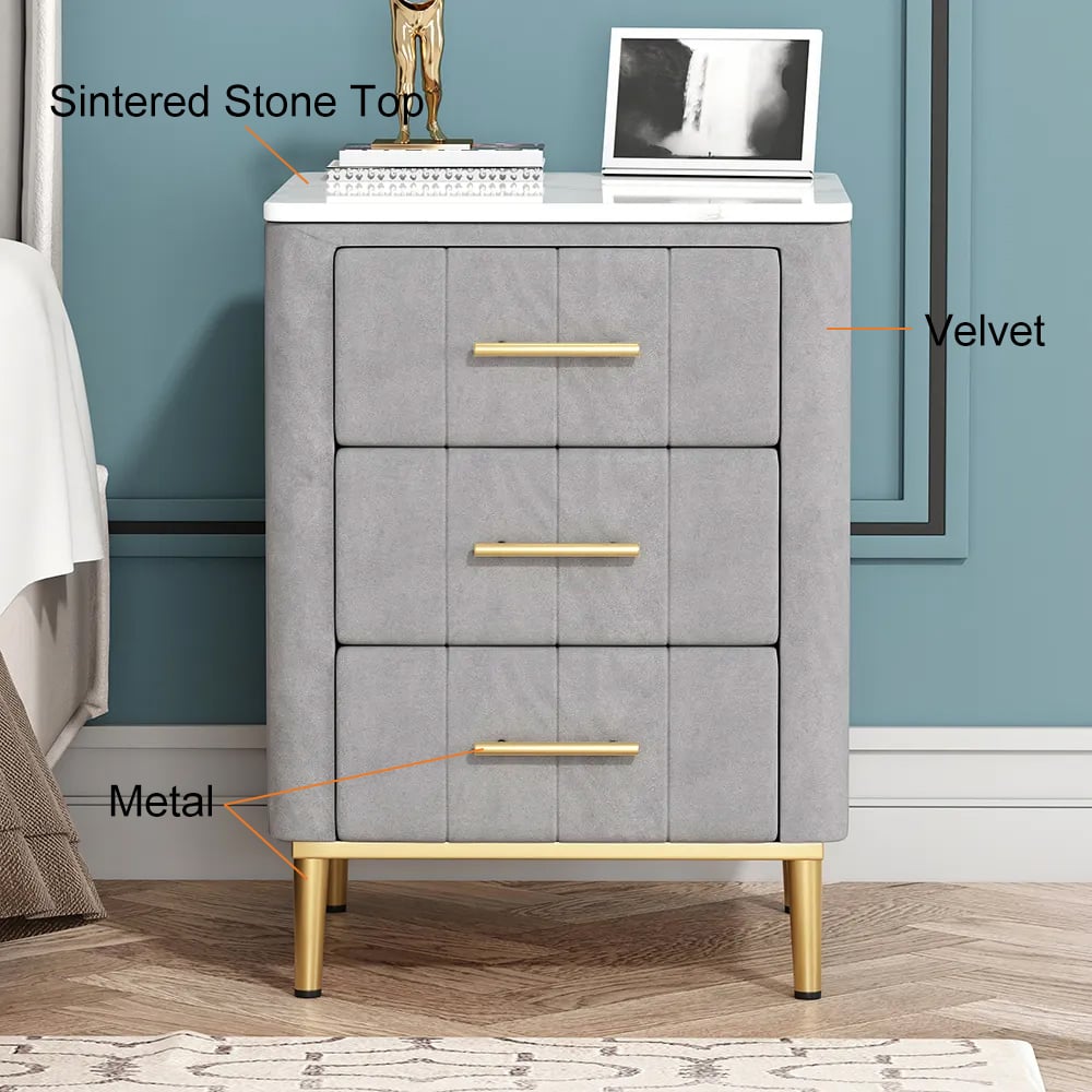 Modern Nightstand Gray Velvet Bedside Table 3 Drawers with Sintered Stone Top - 