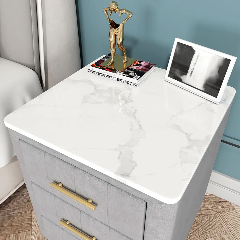 Modern Nightstand Gray Velvet Bedside Table 3 Drawers with Sintered Stone Top - 
