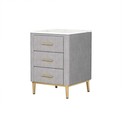 Modern Nightstand Gray Velvet Bedside Table 3 Drawers with Sintered Stone Top - 