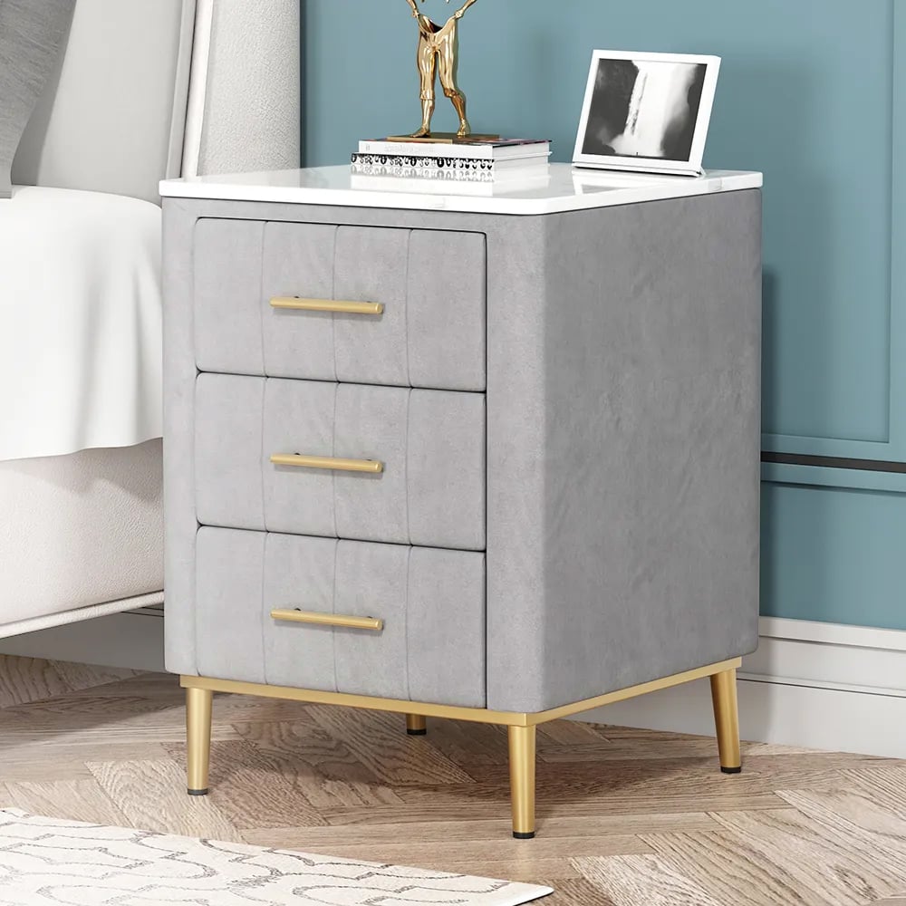 Modern Nightstand Gray Velvet Bedside Table 3 Drawers with Sintered Stone Top - Homary