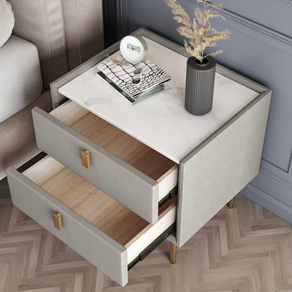 Modern Nightstand with 2 Drawers PU Leather Nightstand in Light Gray - 