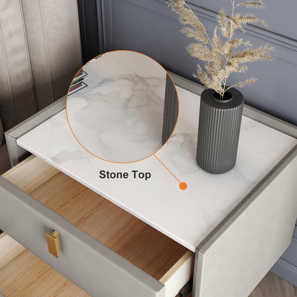 Modern Nightstand with 2 Drawers PU Leather Nightstand in Light Gray - 