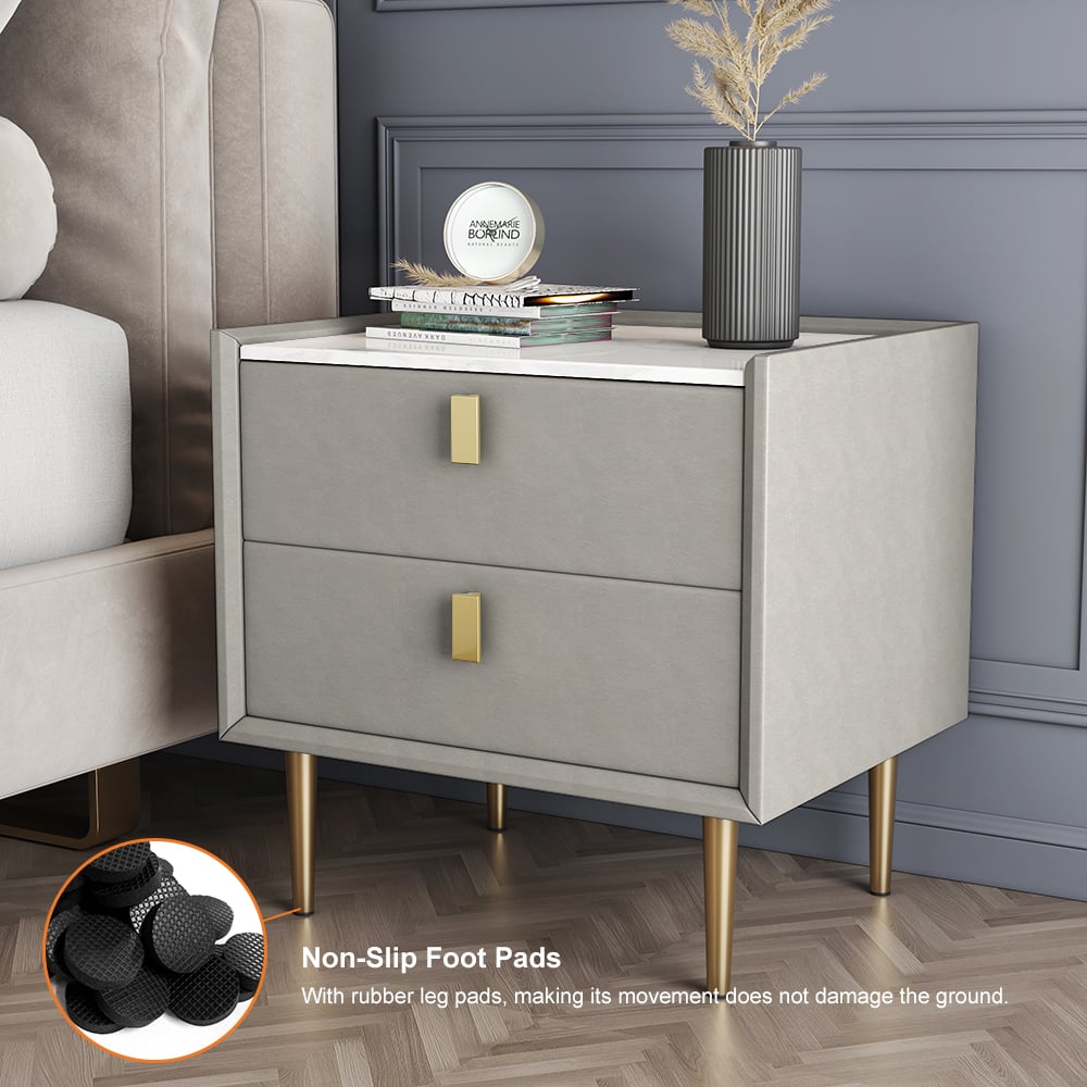 Modern Nightstand with 2 Drawers PU Leather Nightstand in Light Gray - 