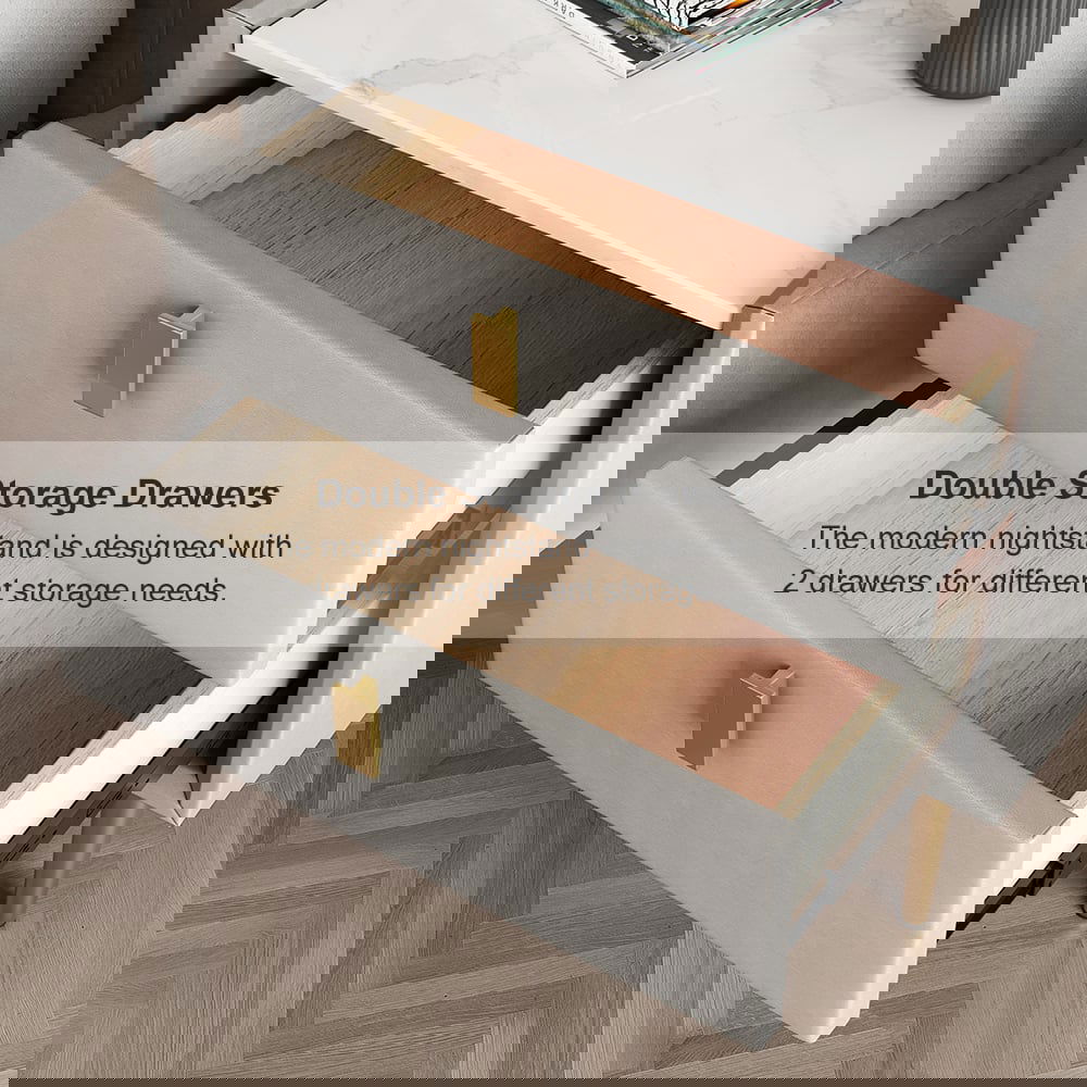 Modern Nightstand with 2 Drawers PU Leather Nightstand in Light Gray - 