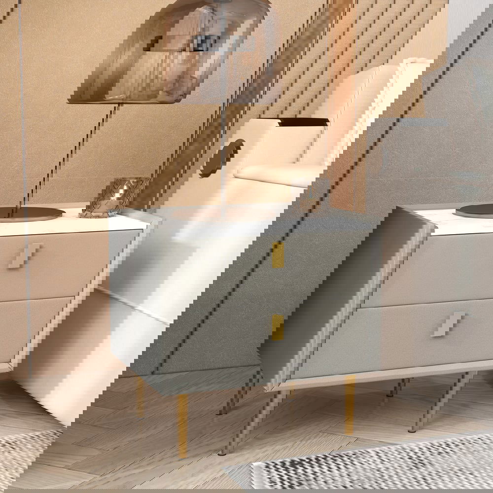 Modern Nightstand with 2 Drawers PU Leather Nightstand in Light Gray - 