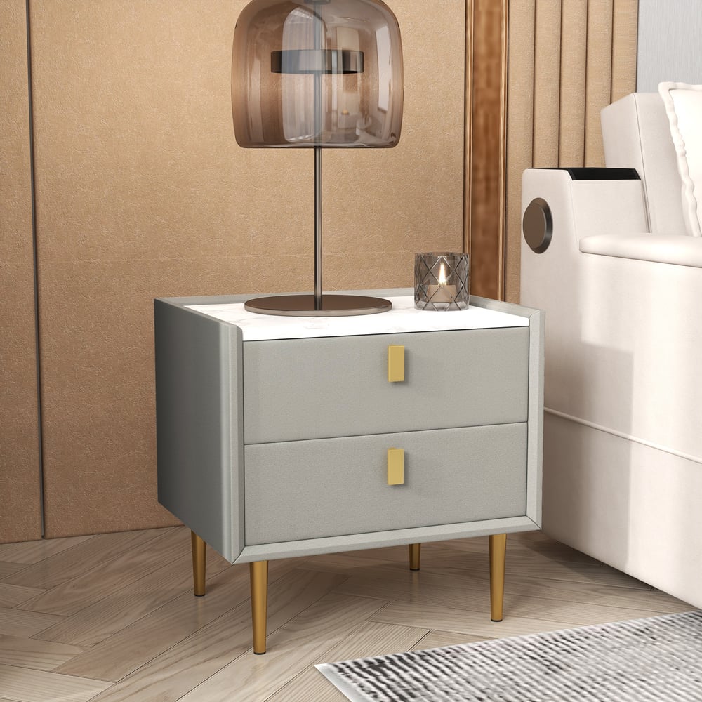 Modern Nightstand with 2 Drawers PU Leather Nightstand in Light Gray - 